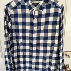 Nautica Men's Blue and White Classic Plaid Flannel Shirt